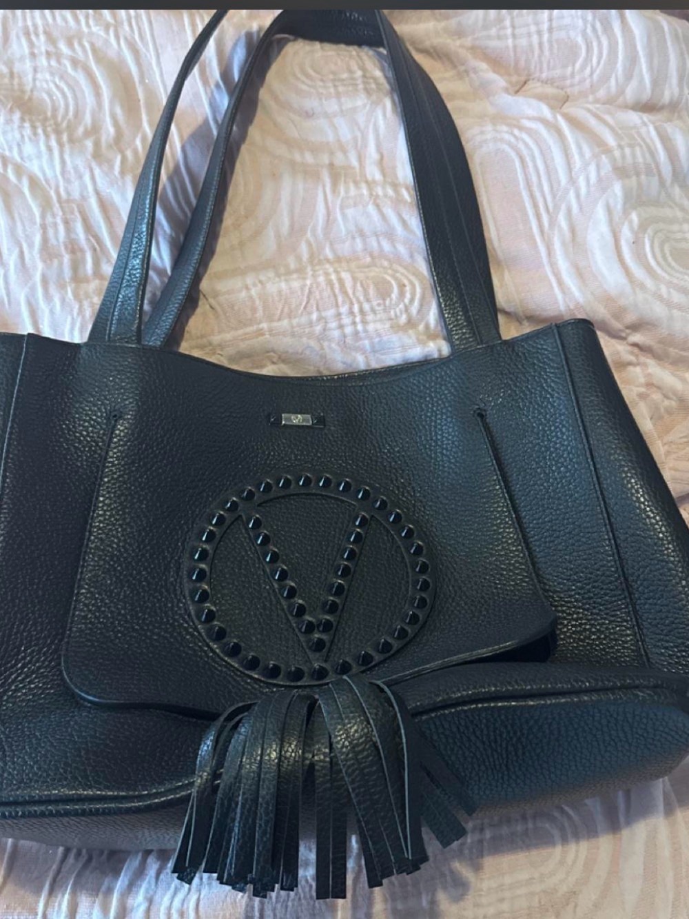 Valentino Black Pebbled Leather Tote with Stud-Embellished Logo and Tassel